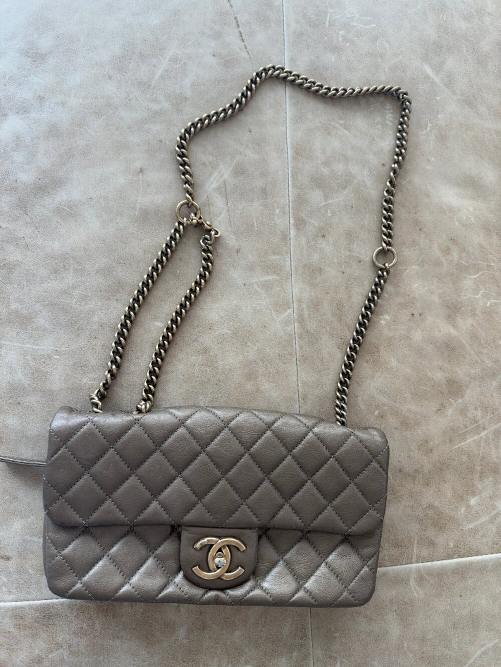 Chanel CC Crown Flap Bag Metallic Quilted Calfskin Aged Gold Chain 2013